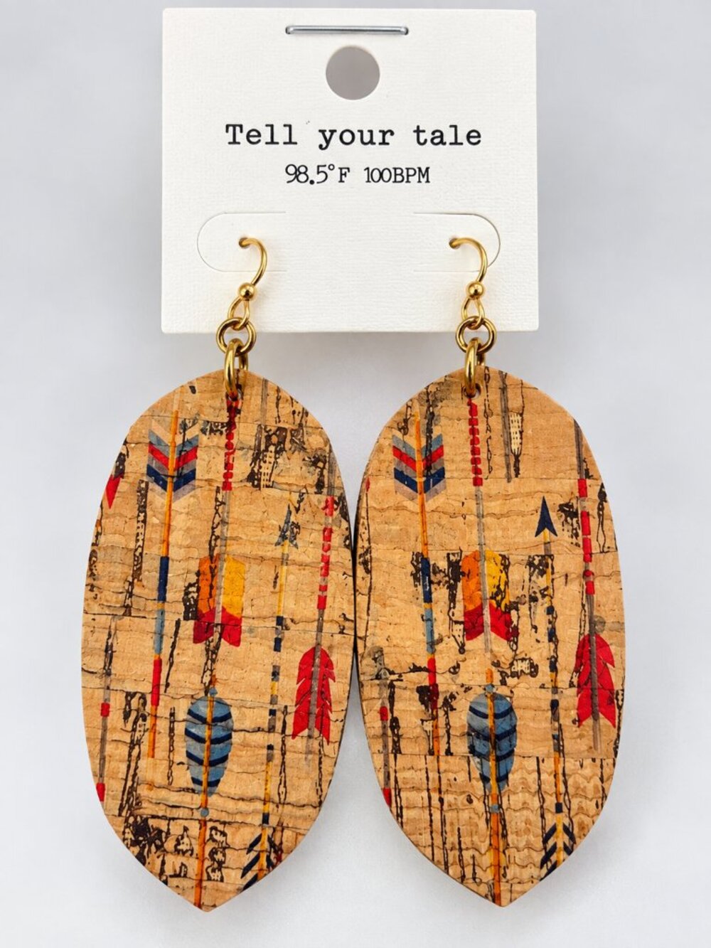 Tell Your Tale NWT Cork Arrow Feather Drop Earrings Gold Tone Boho